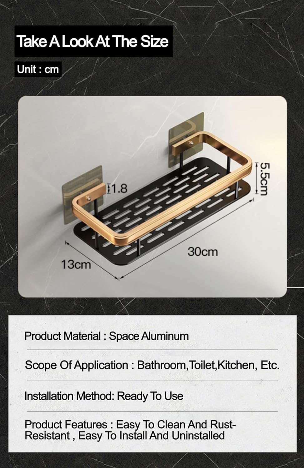 Aluminium Wall Mounted Bathroom Shelf – Black (1 Piece)