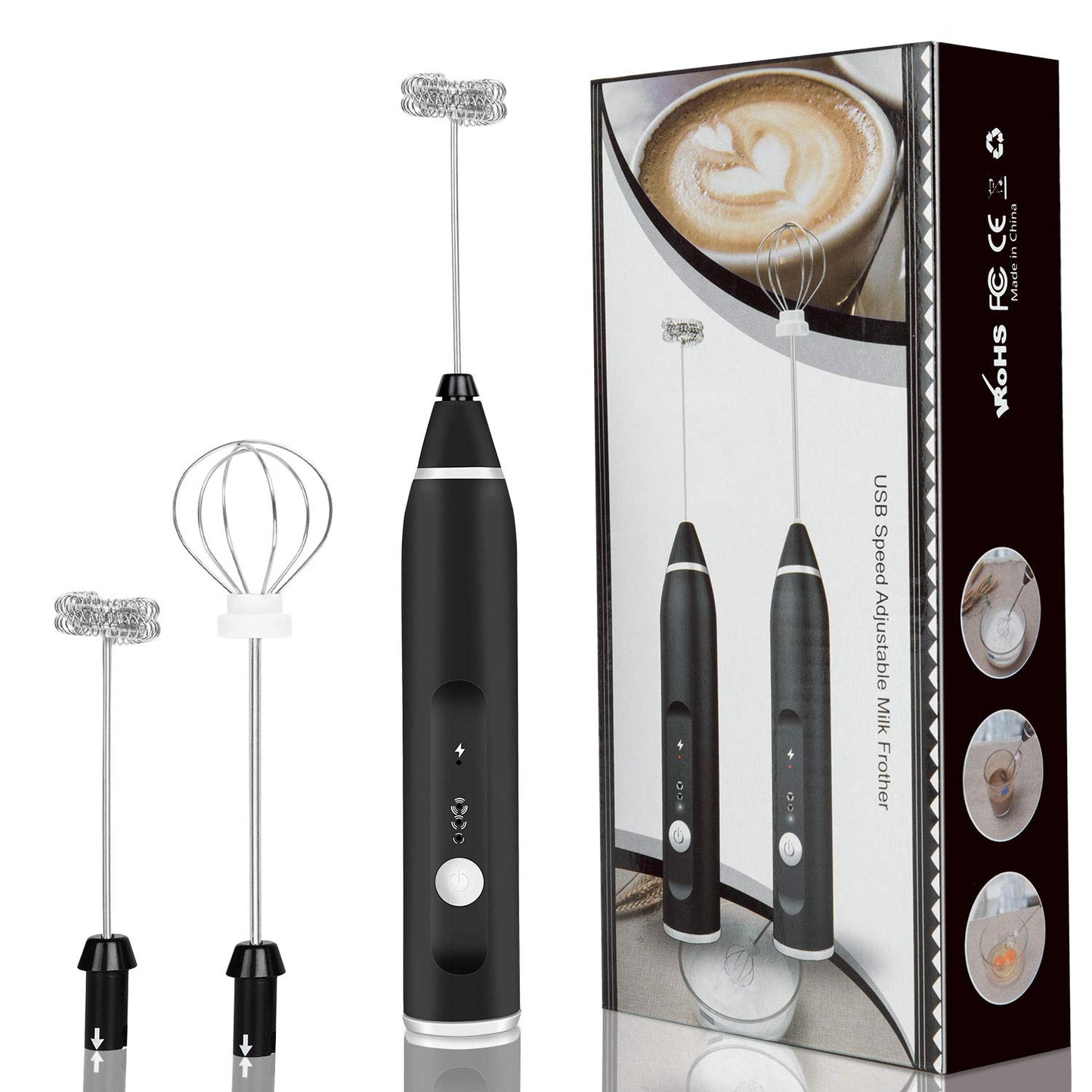 USB Rechargeable Milk Frother – Handheld Foam Maker with 3 Whisks & 3-Speed Settings