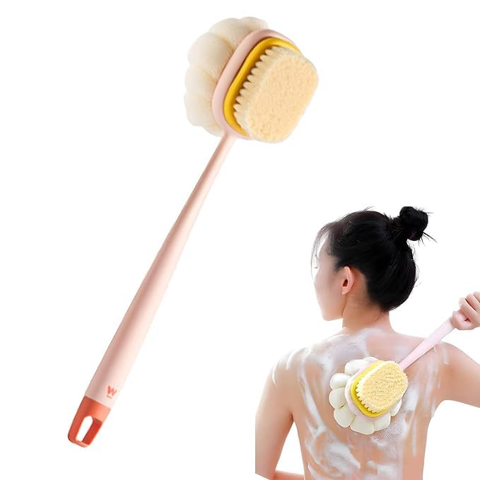 Back Scrubber Shower Brush with Long Handle, Loofah & Bristles for Wet or Dry Skin