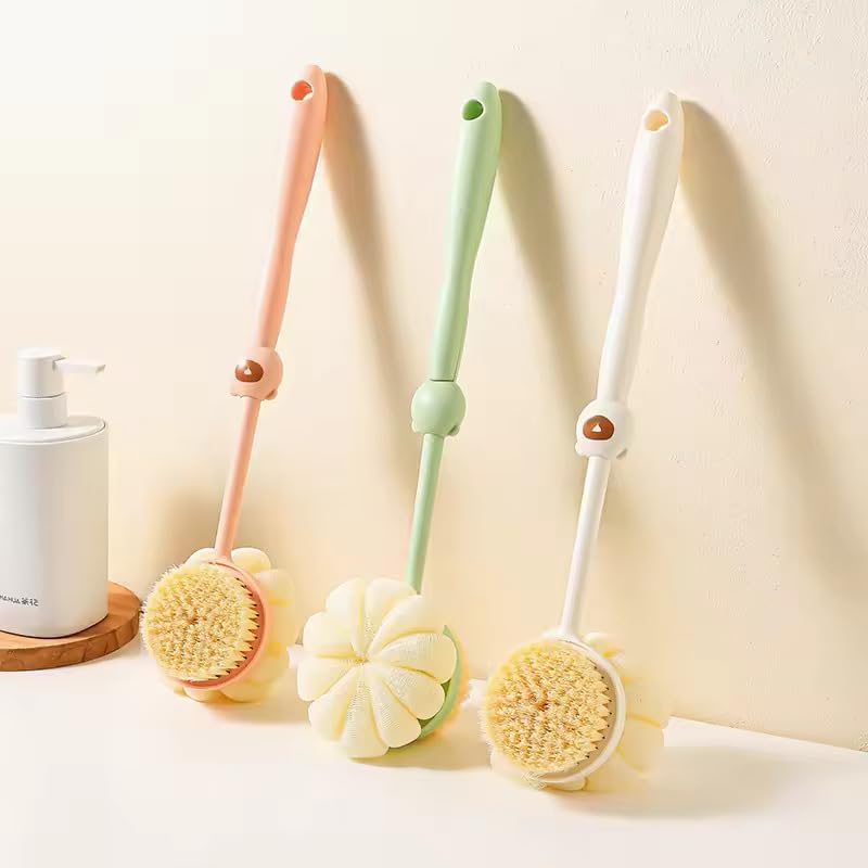 Back Scrubber Shower Brush with Long Handle, Loofah & Bristles for Wet or Dry Skin