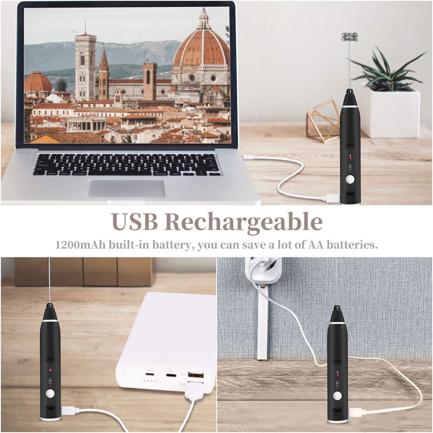 USB Rechargeable Milk Frother – Handheld Foam Maker with 3 Whisks & 3-Speed Settings