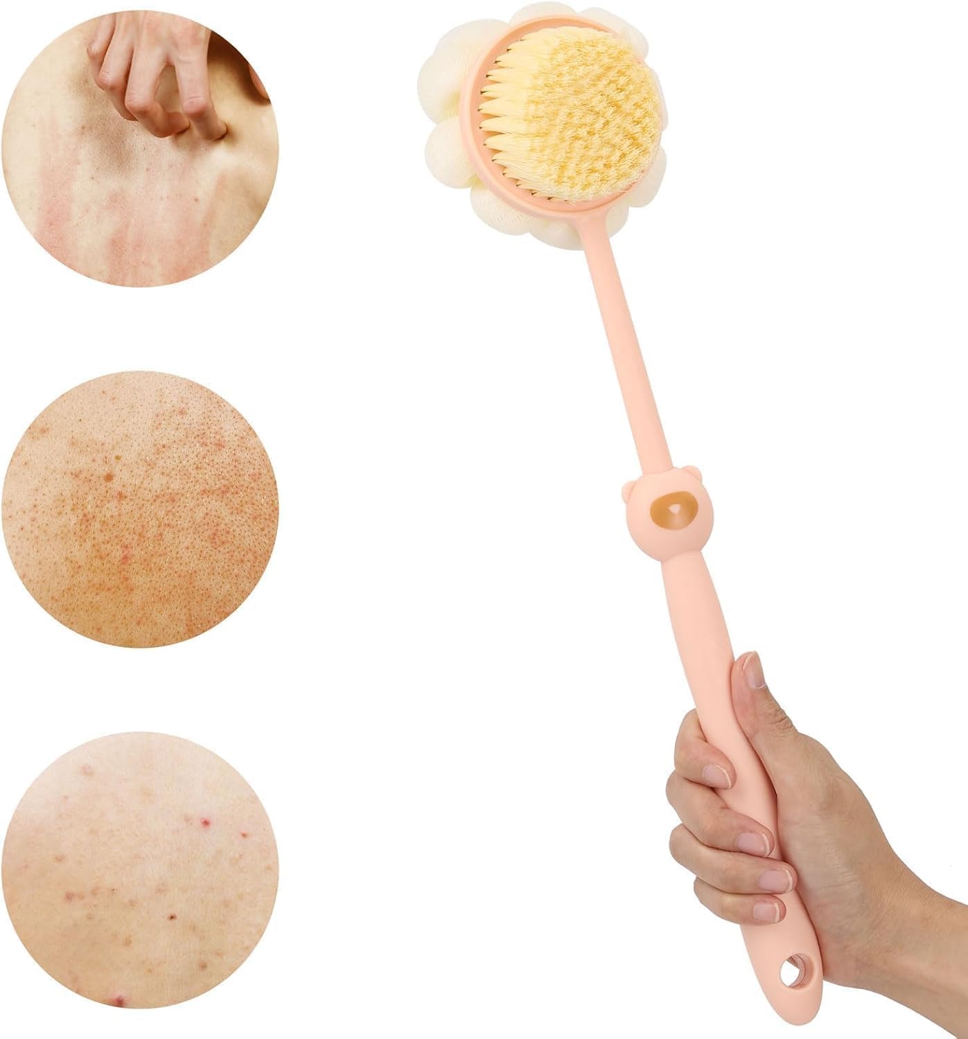 Back Scrubber Shower Brush with Long Handle, Loofah & Bristles for Wet or Dry Skin