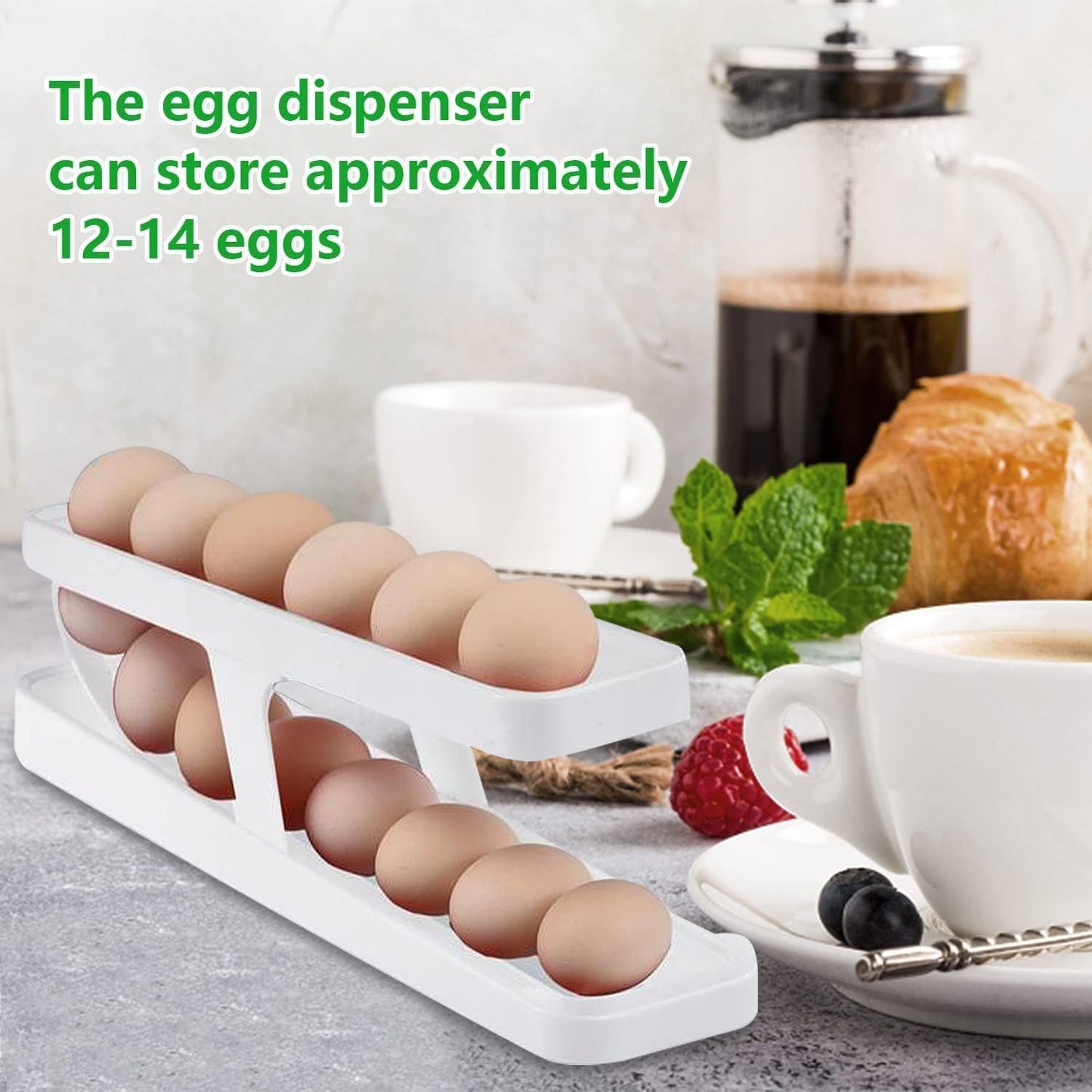 2-Tier Rolling Egg Dispenser – Space-Saving Fridge Organizer Tray (12–14 Eggs)