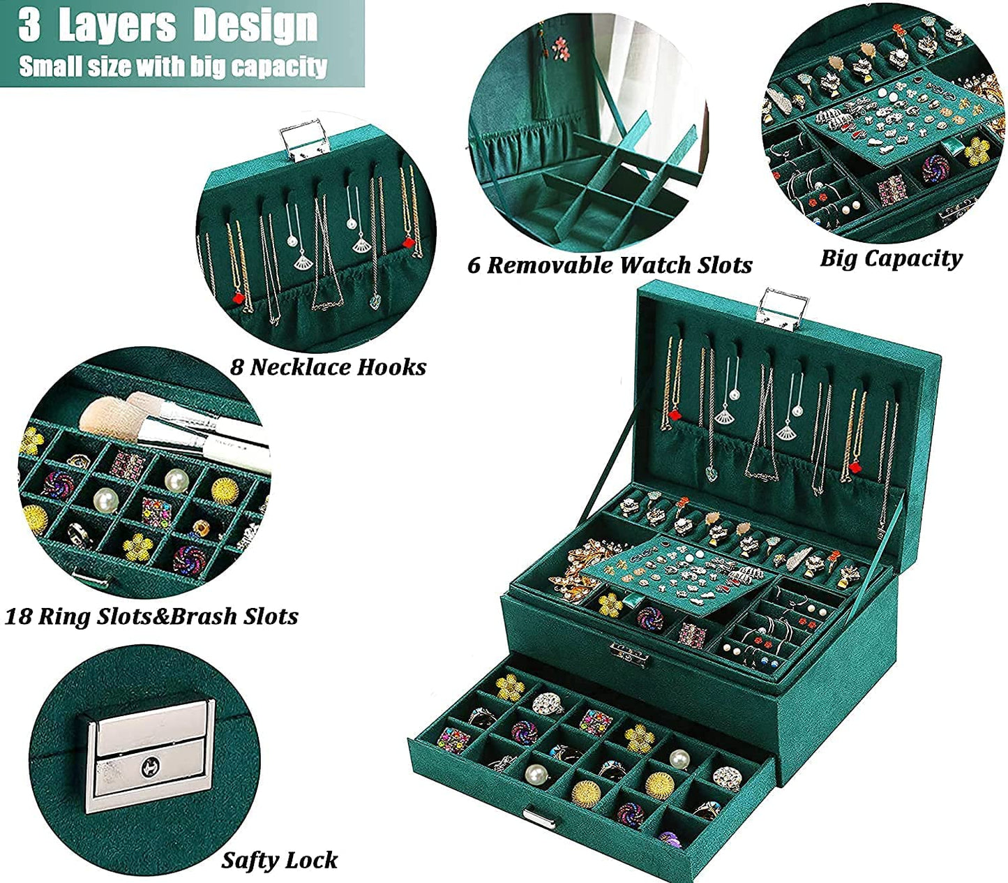 Jewellery Organizer Box | 3-Layer Velvet Storage Case with Lock and 2 Drawers (Green)