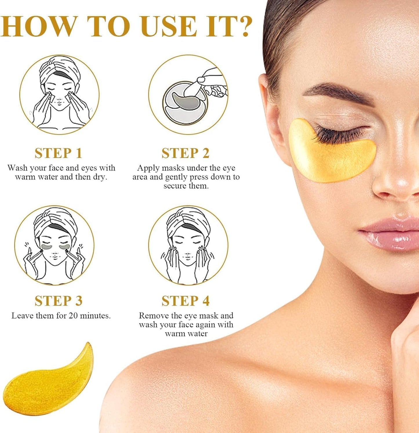 24K Gold Under Eye Patches – Pack of 60 Hydrogel Eye Masks