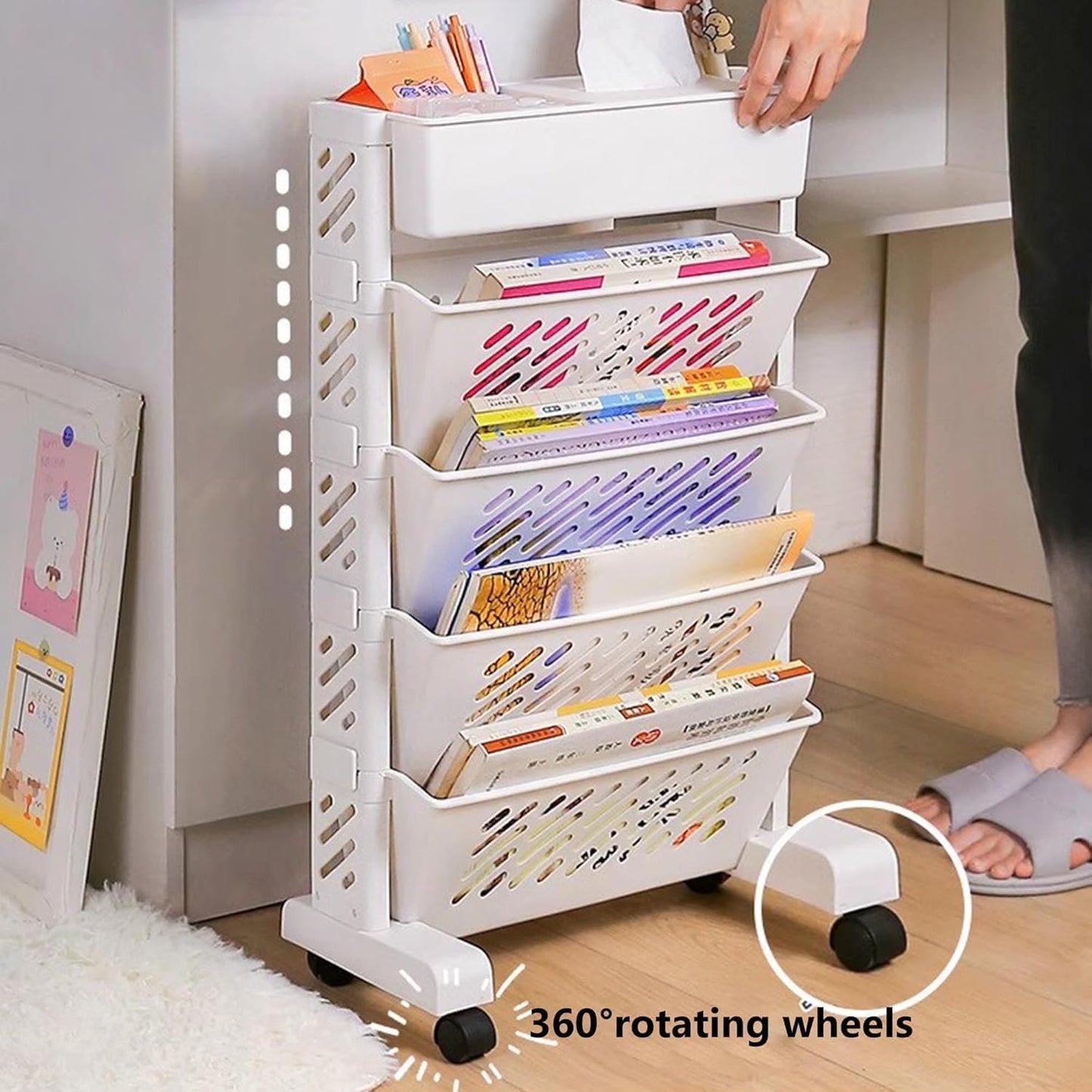Movable Rotatable Bookshelf – Large Capacity Rolling Storage Rack