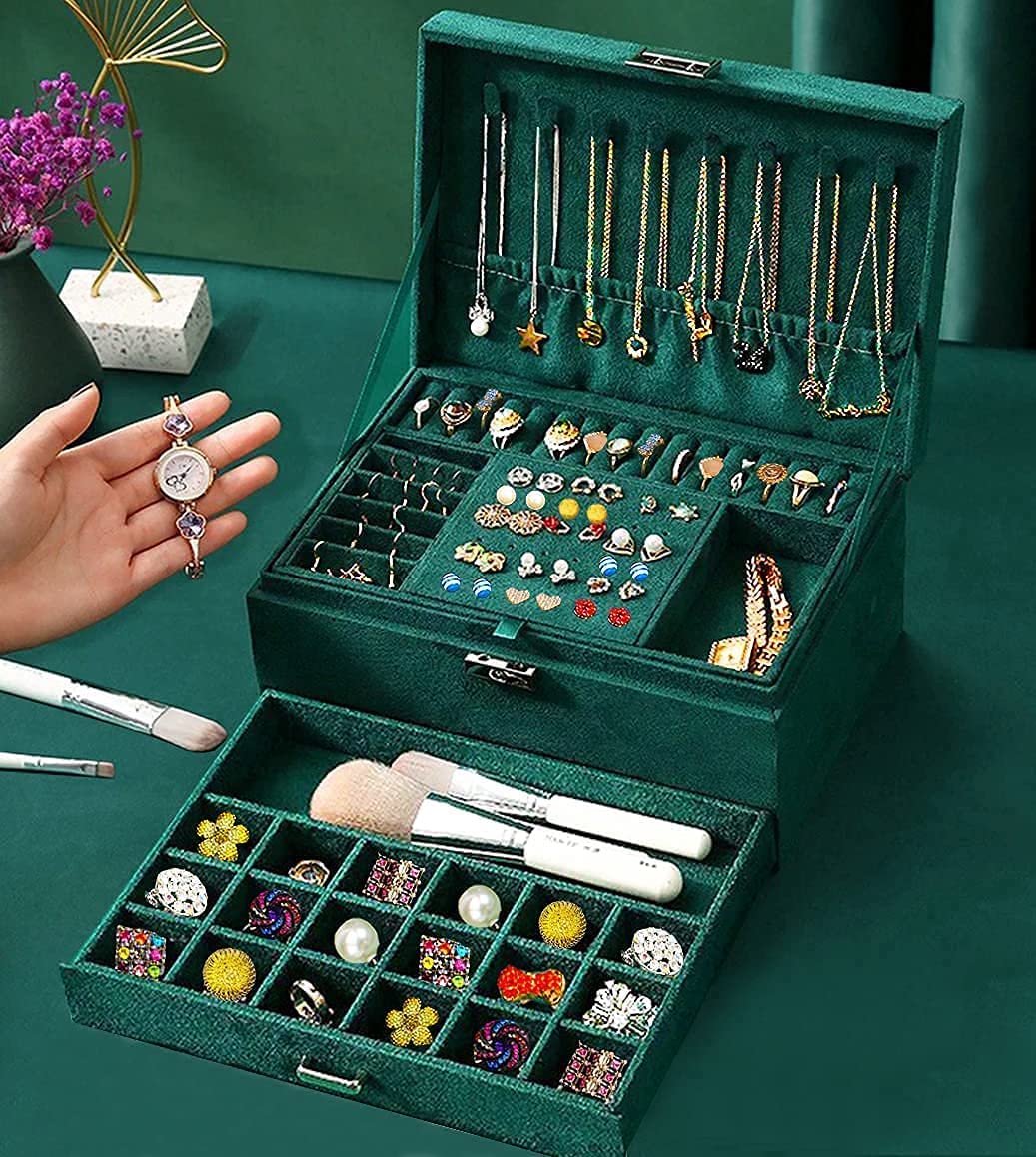 Jewellery Organizer Box | 3-Layer Velvet Storage Case with Lock and 2 Drawers (Green)