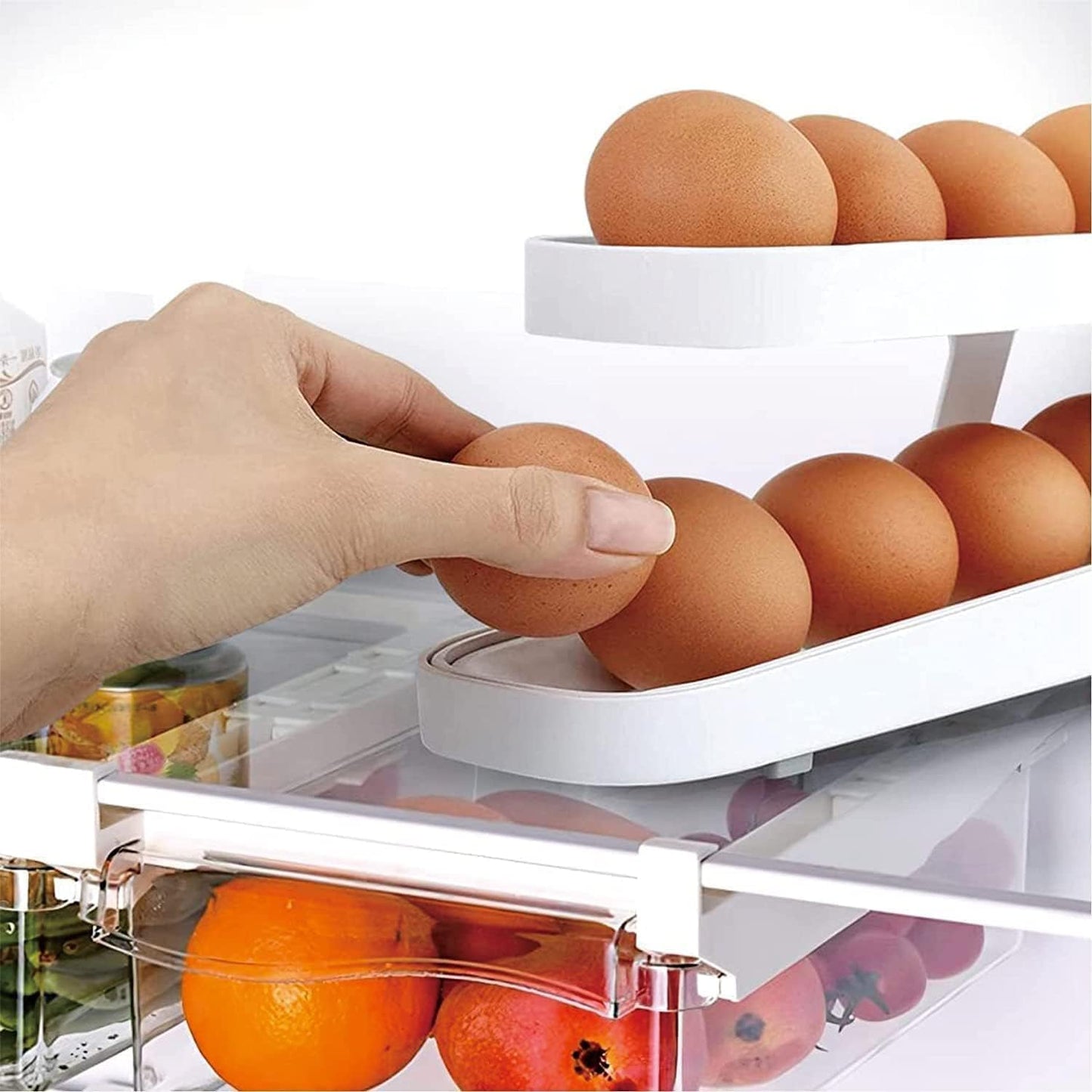 2-Tier Rolling Egg Dispenser – Space-Saving Fridge Organizer Tray (12–14 Eggs)