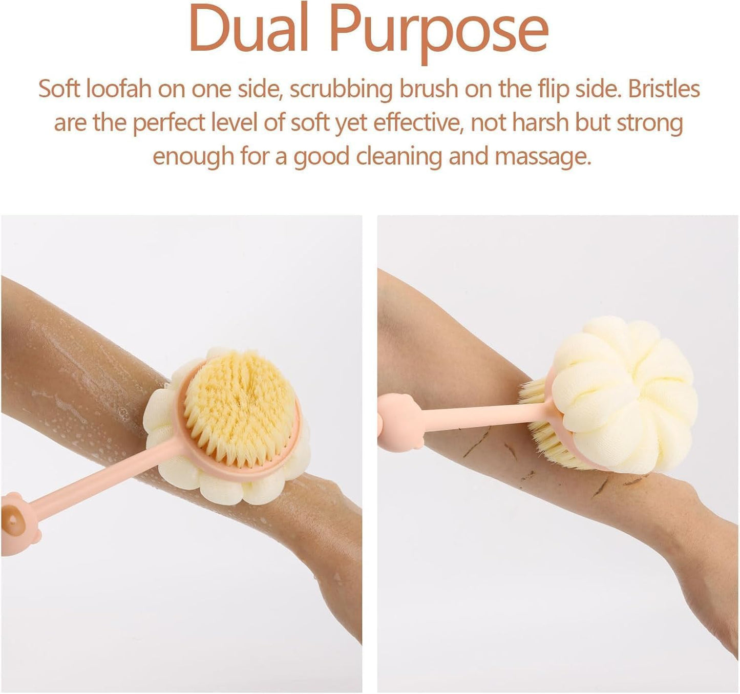Back Scrubber Shower Brush with Long Handle, Loofah & Bristles for Wet or Dry Skin