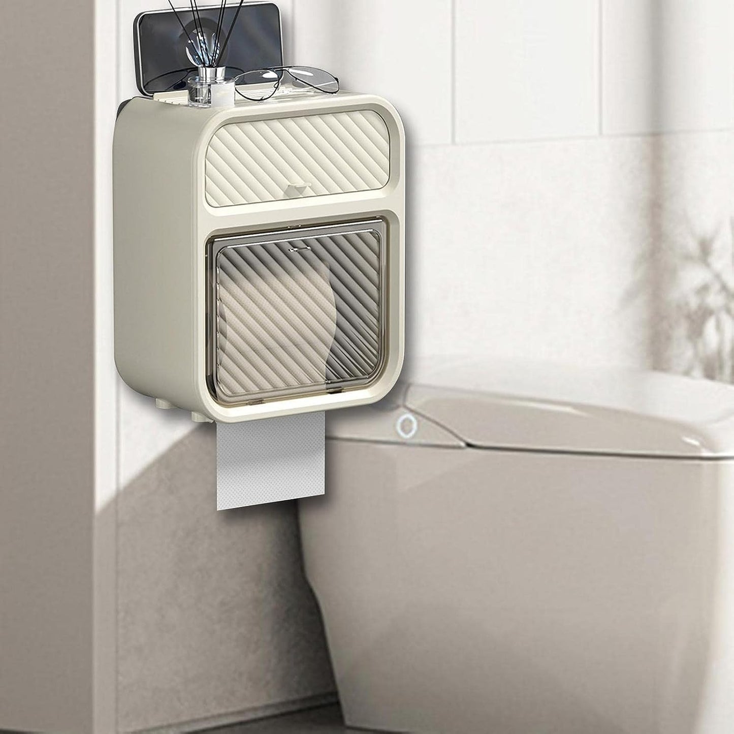 Wall-Mounted Punch-Free Toilet Paper Holder Box (Beige)