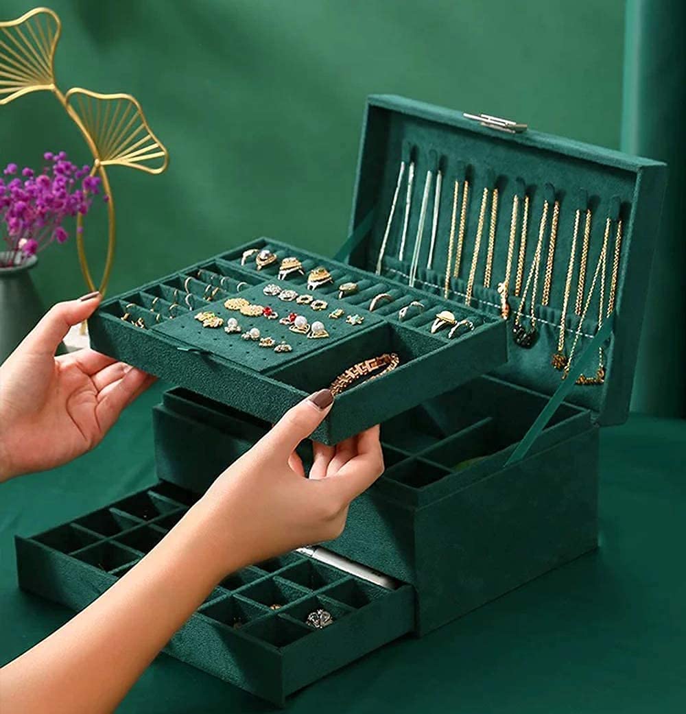 Jewellery Organizer Box | 3-Layer Velvet Storage Case with Lock and 2 Drawers (Green)