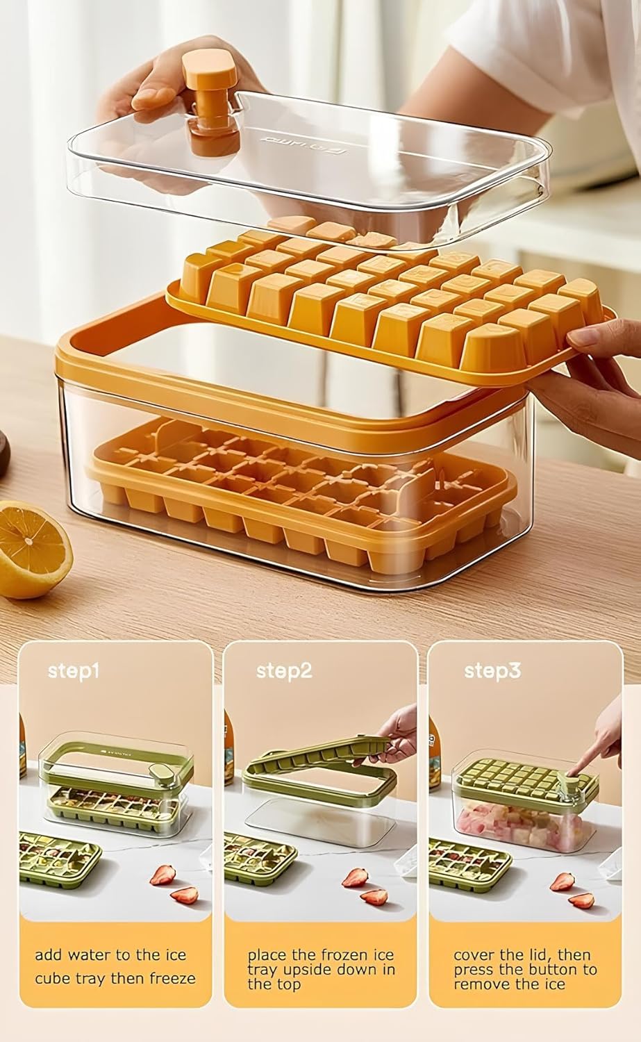 2 Layer Ice Cube Tray with Storage Bin