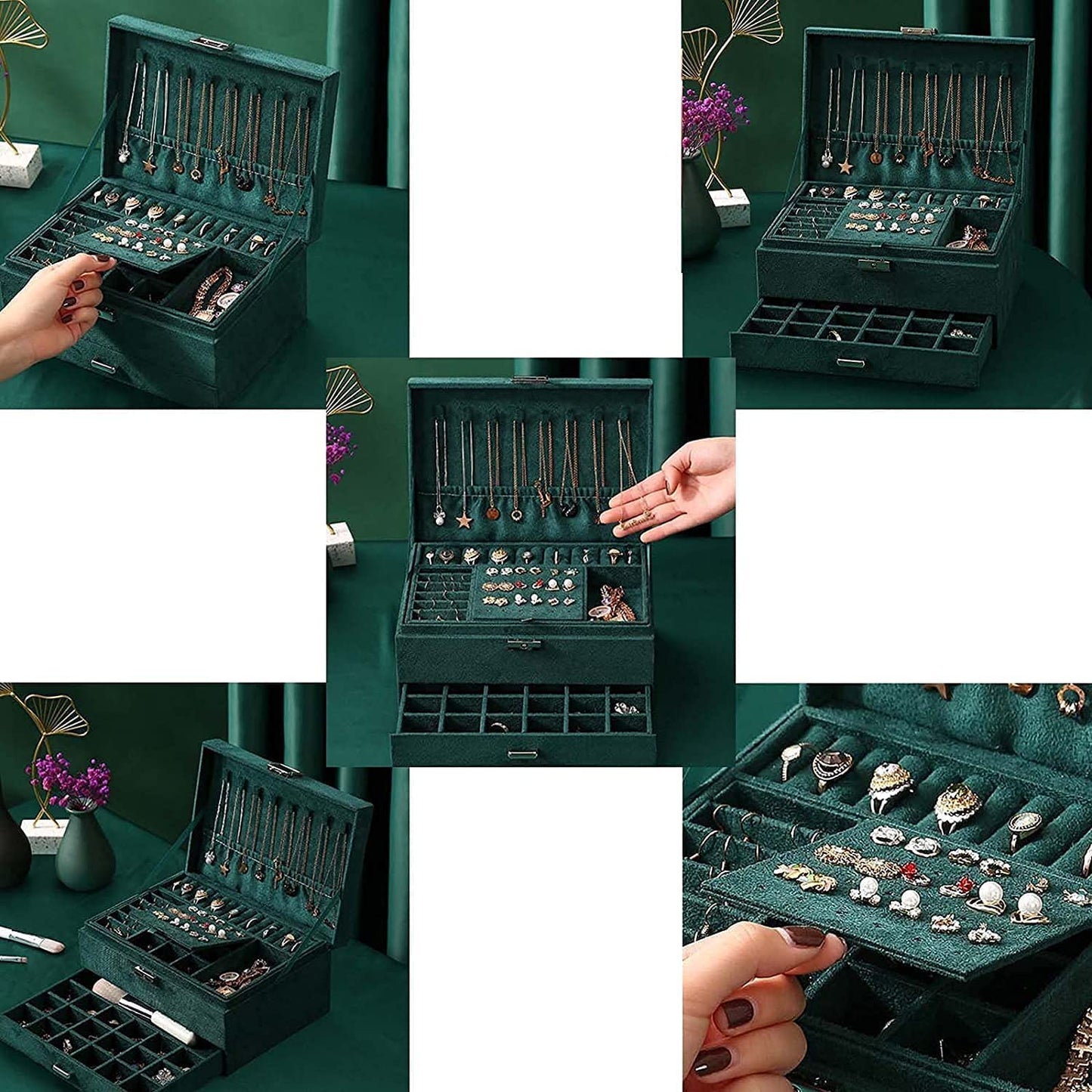 Jewellery Organizer Box | 3-Layer Velvet Storage Case with Lock and 2 Drawers (Green)