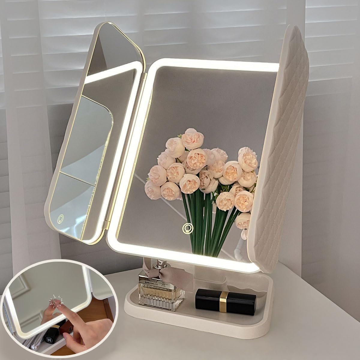 Trifold LED Makeup Mirror with Magnification & Rotation