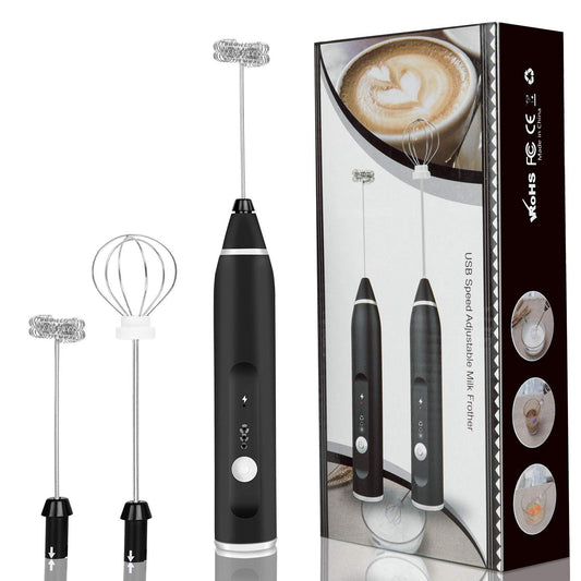 USB Rechargeable Milk Frother – Handheld Foam Maker with 3 Whisks & 3-Speed Settings