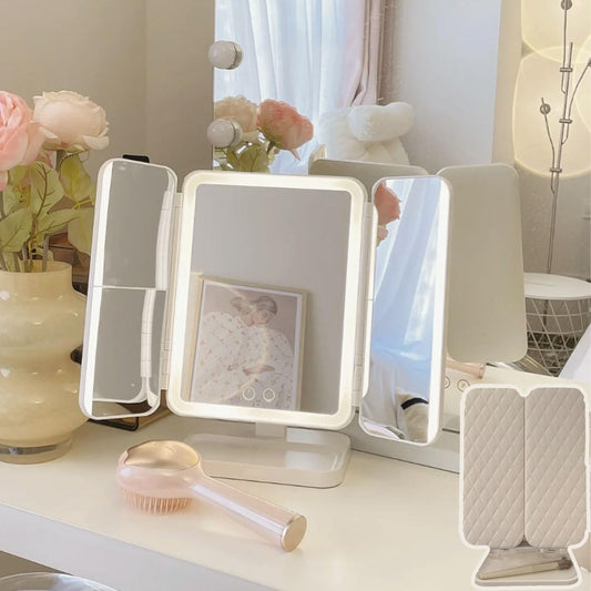 Trifold LED Makeup Mirror with Magnification & Rotation