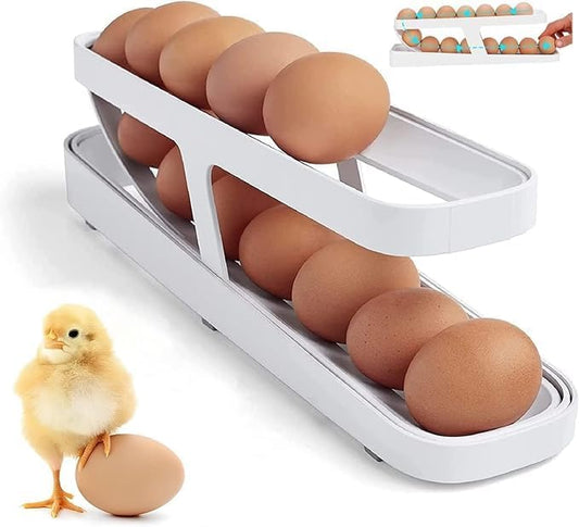 2-Tier Rolling Egg Dispenser – Space-Saving Fridge Organizer Tray (12–14 Eggs)