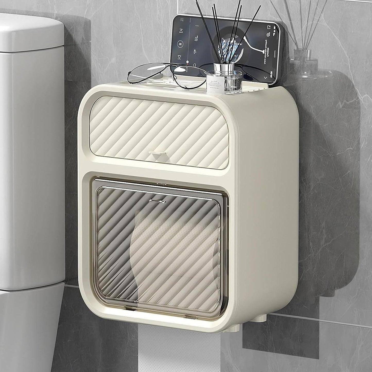 Wall-Mounted Punch-Free Toilet Paper Holder Box (Beige)