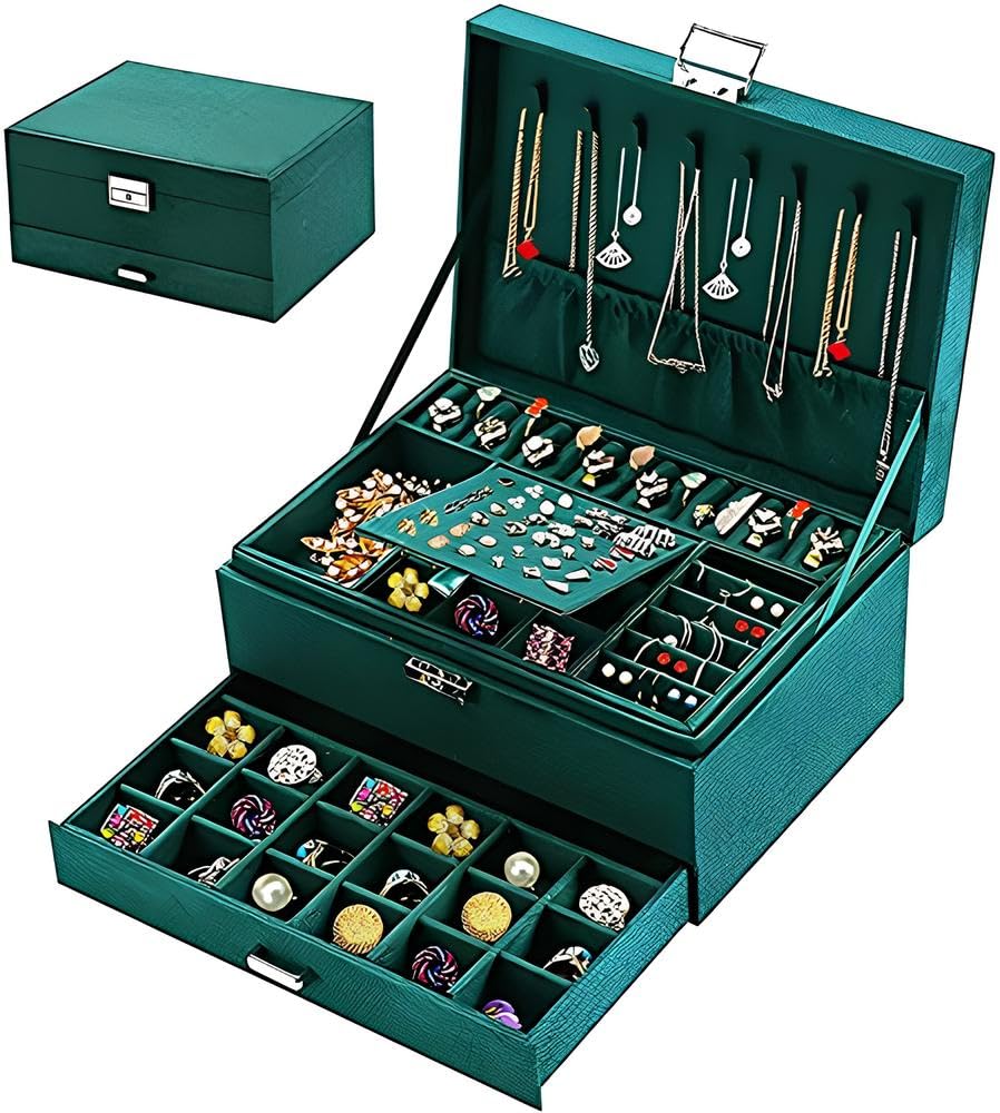 Jewellery Organizer Box | 3-Layer Velvet Storage Case with Lock and 2 Drawers (Green)