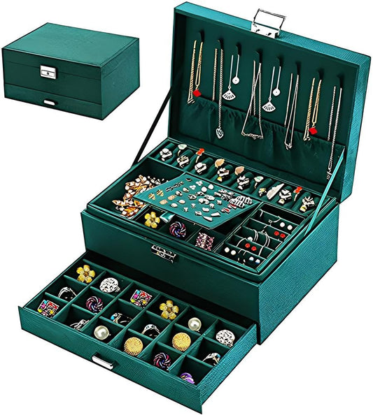 Jewellery Organizer Box | 3-Layer Velvet Storage Case with Lock and 2 Drawers (Green)