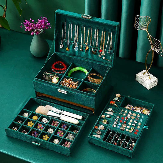 Jewellery Organizer Box | 3-Layer Velvet Storage Case with Lock and 2 Drawers (Green)
