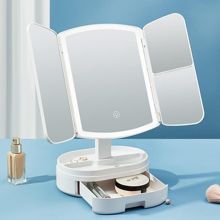Trifold LED Makeup Mirror with Magnification & Rotation