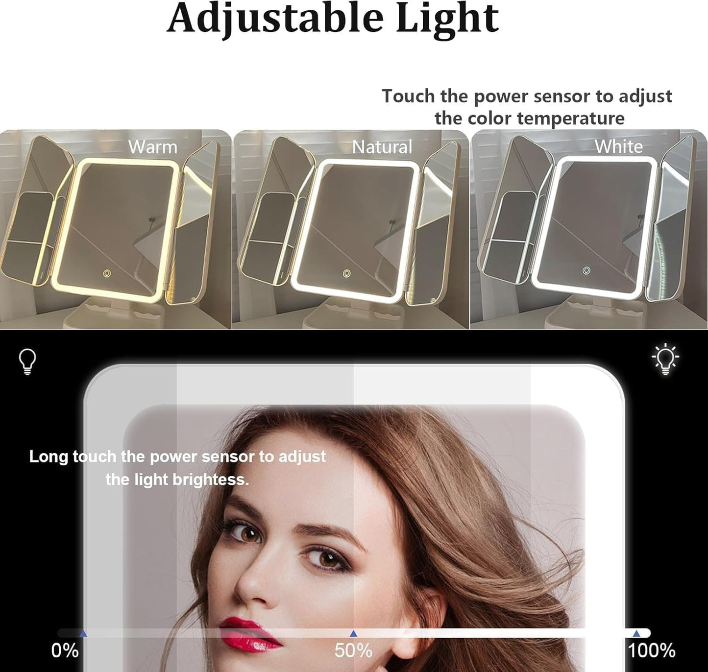 Trifold LED Makeup Mirror with Magnification & Rotation