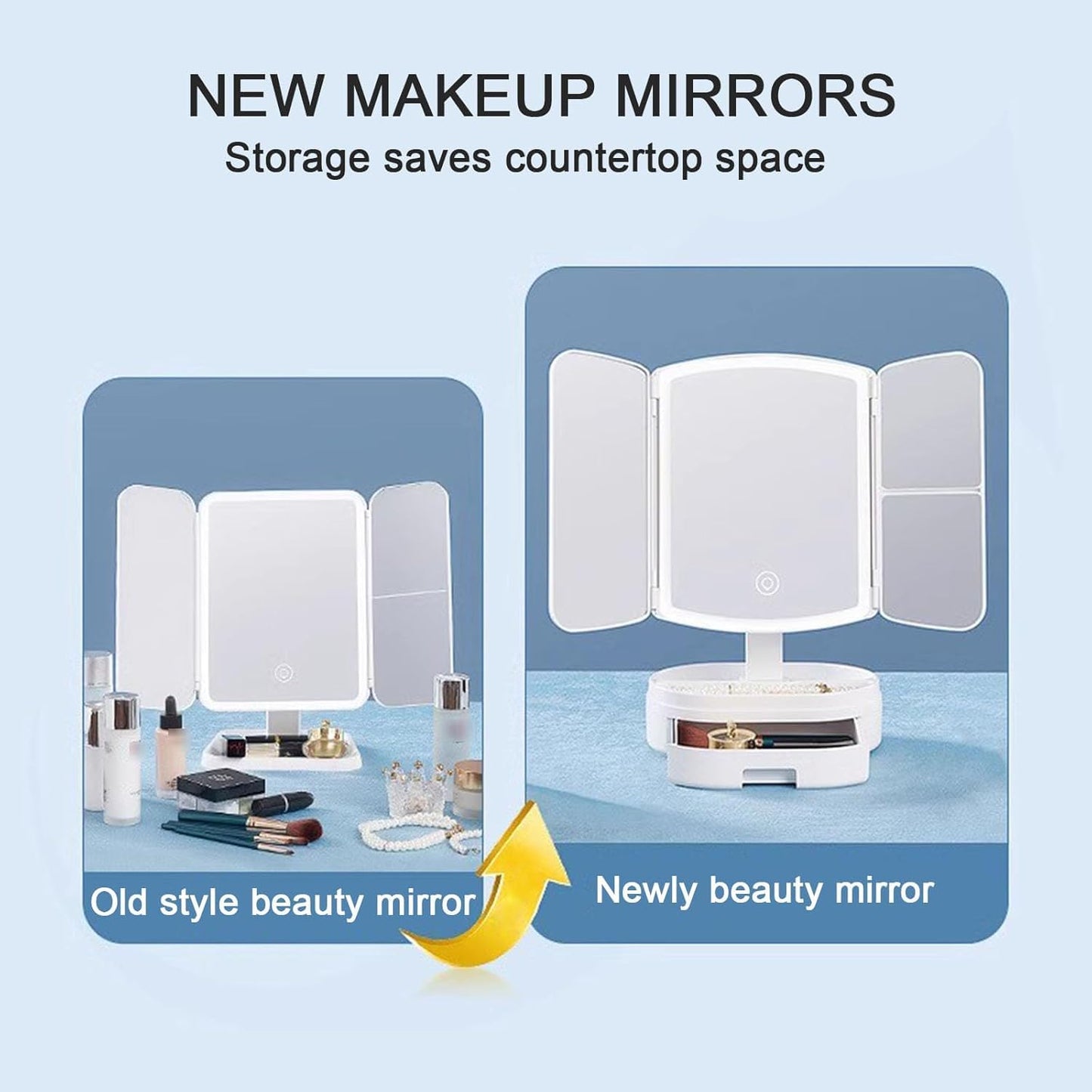 Trifold LED Makeup Mirror with Magnification & Rotation