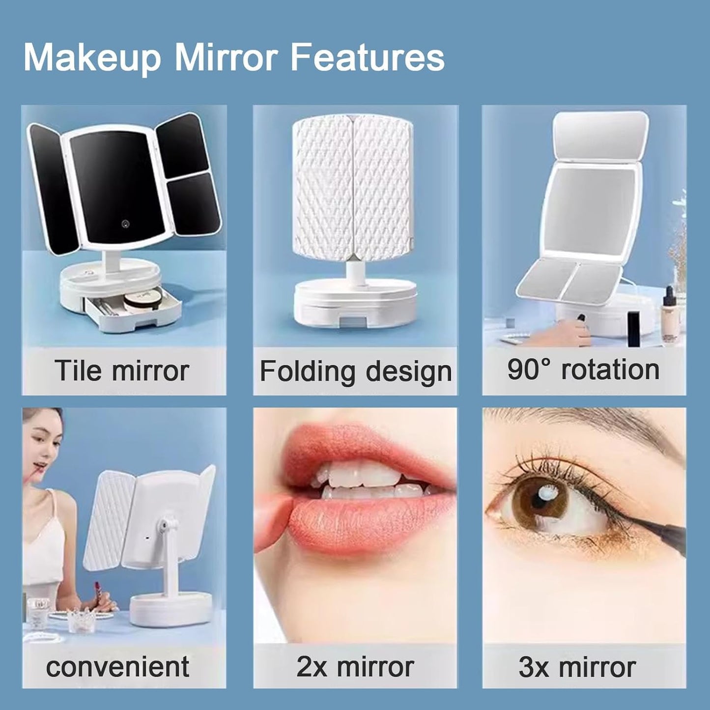 Trifold LED Makeup Mirror with Magnification & Rotation