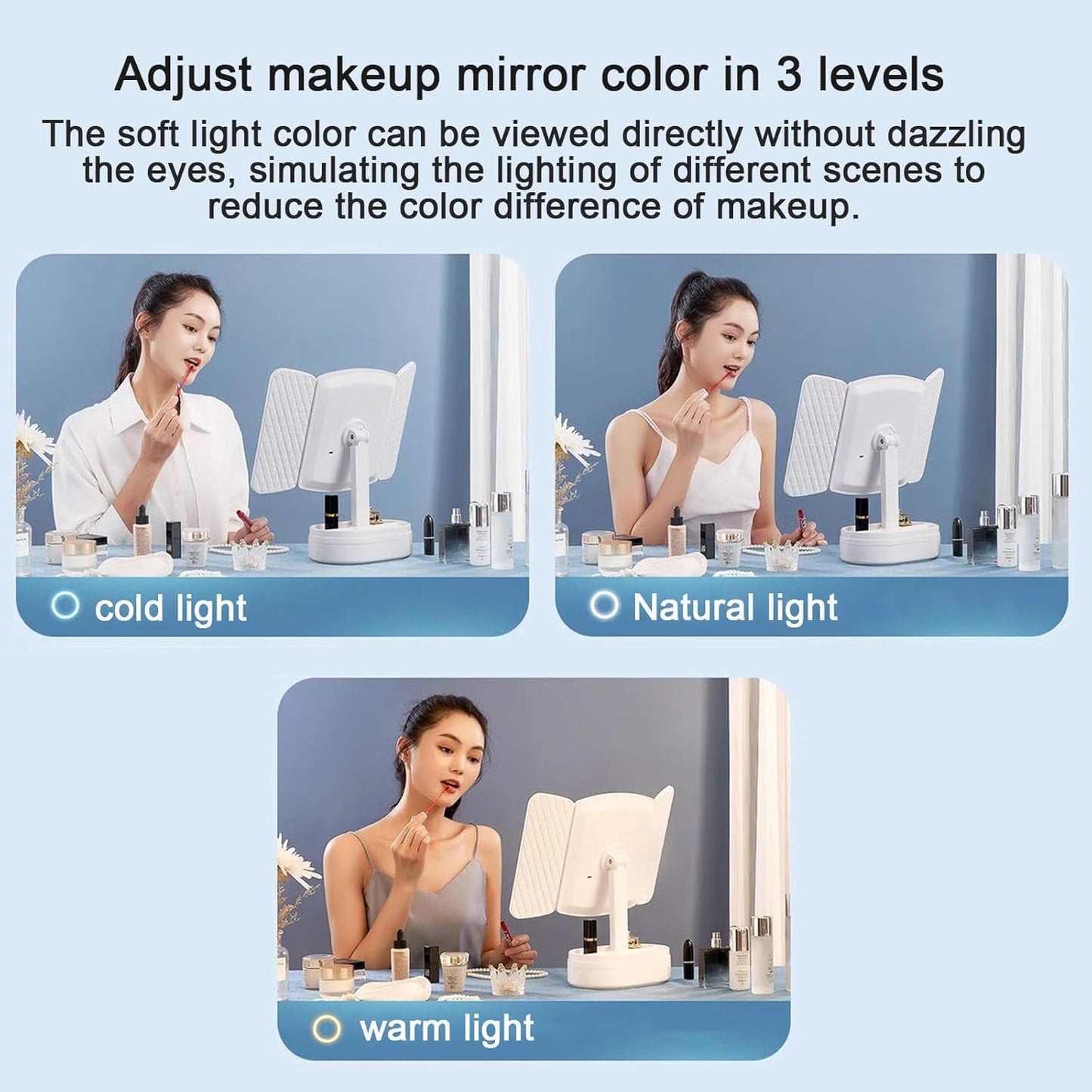 Trifold LED Makeup Mirror with Magnification & Rotation