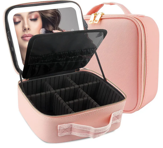 Travel Makeup Bag with LED Mirror, Organizer